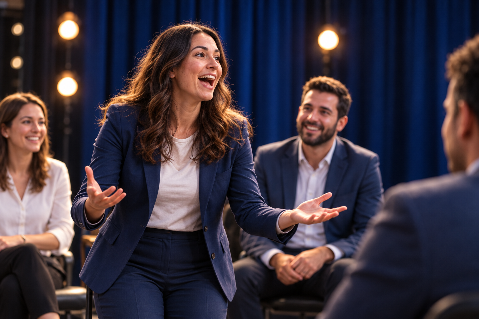 Una mujer participando con entusiasmo en una dinámica de improvisación comercial con su equipo